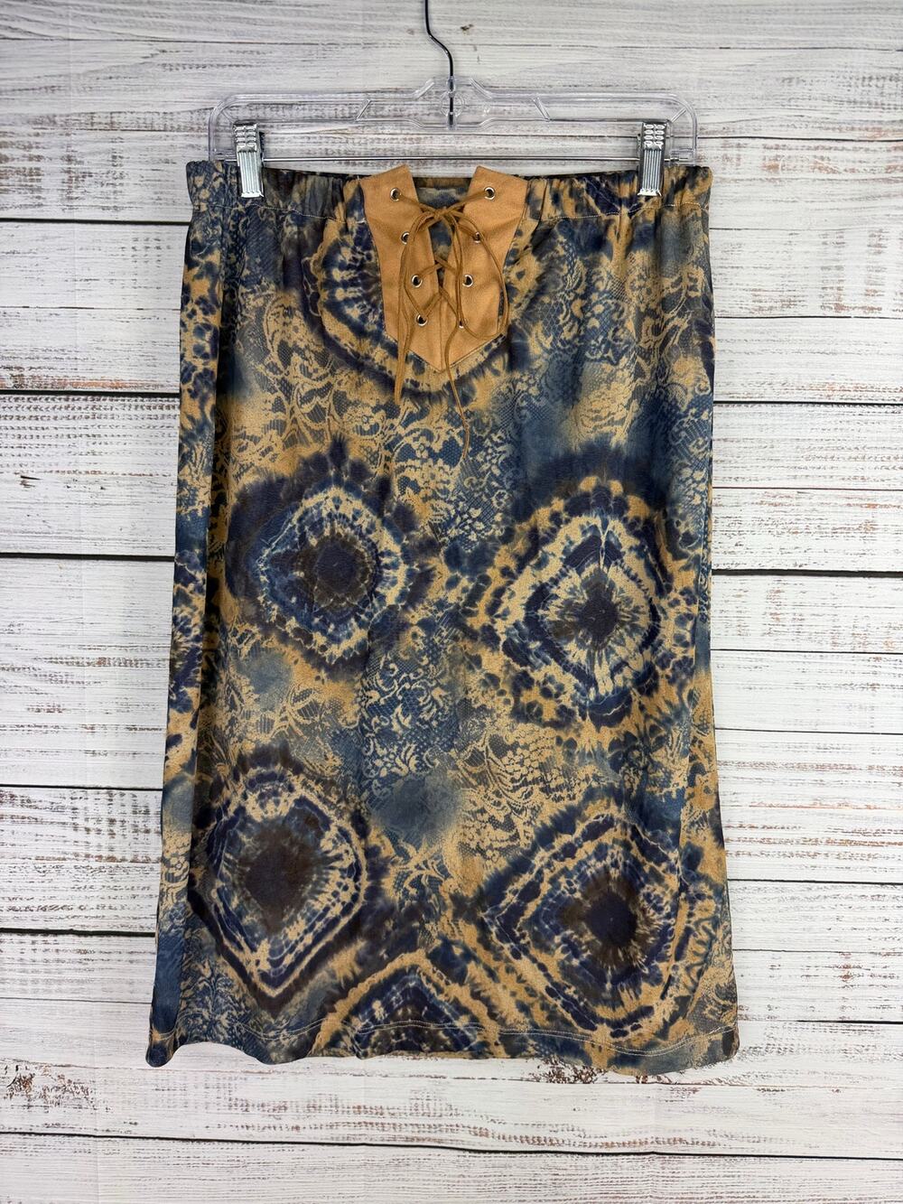 Y2K Mossimo Brown Skirt Large Bratz Midi Lace Up Geometric Tie Dye Stretch
